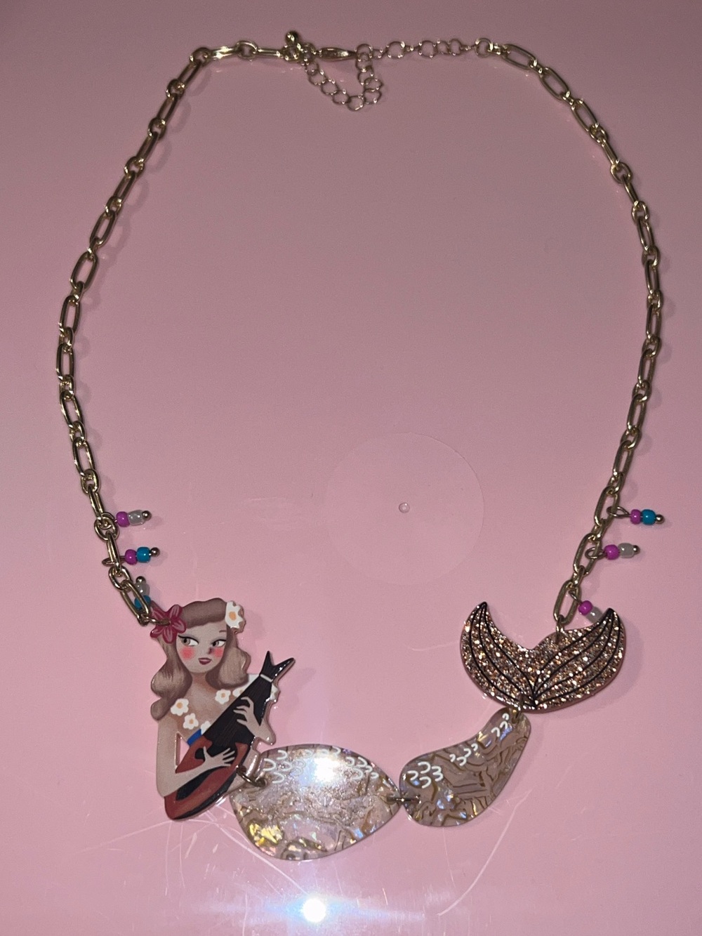 Vintage Gold-Tone Mermaid Pendant Necklace with Pink Accents